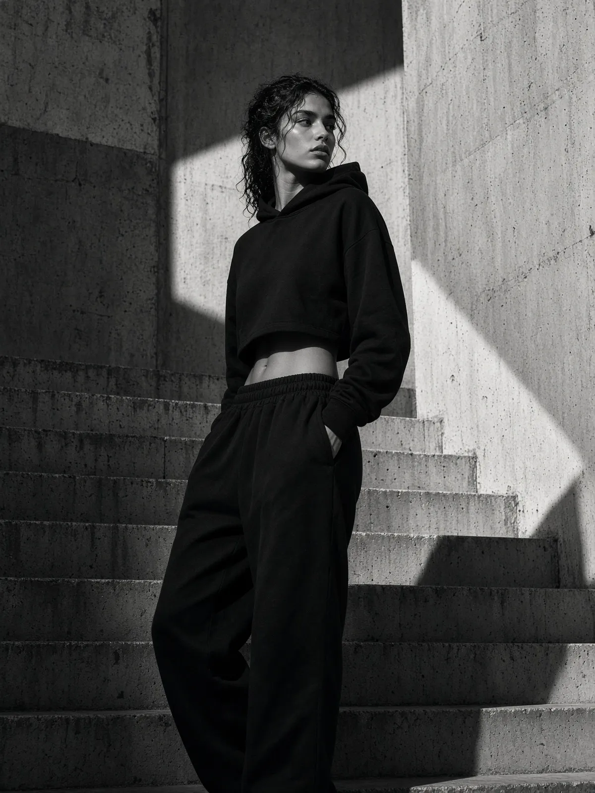 Cropped hoodie on concrete stairs
